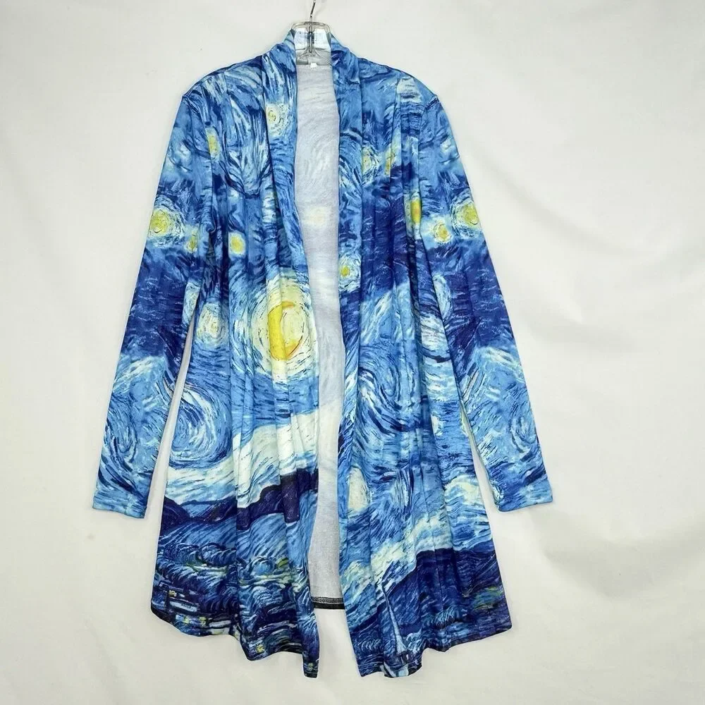 Starry Night Print Open Front Cardigan Women Size M Blue Art Knit